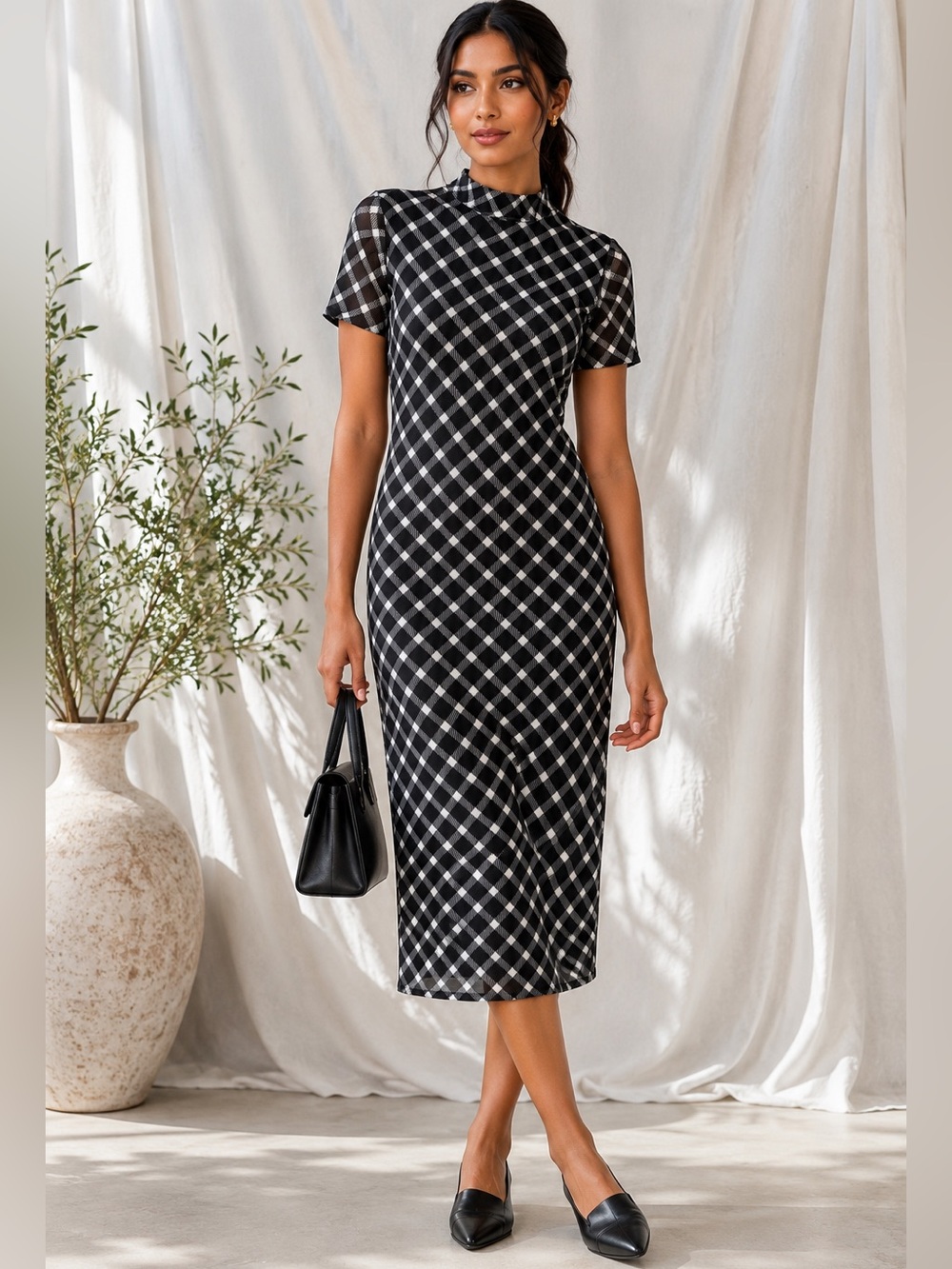 Eva Franco Mock Neck Midi Dress Black White Plaid Check Print Sheath Size Small